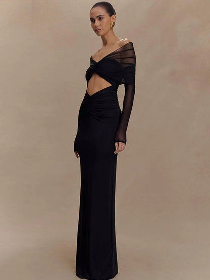 Damen Maxikleid Schulterfrei Cut-Out Länge Langärmlig