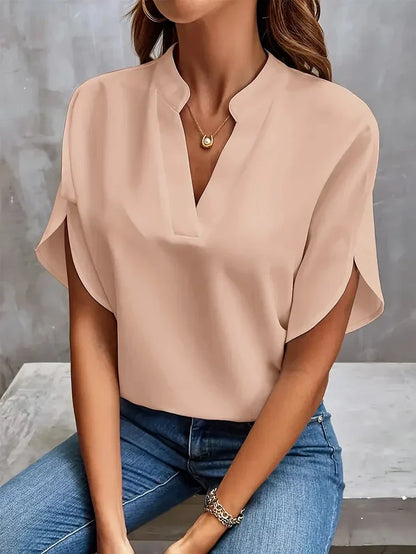 Damen Chiffonbluse V-Ausschnitt Kurzärmelig Luftig