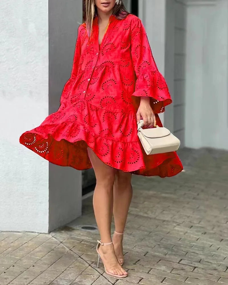 Damen Spitzenkleid Boho-Stil Knopfleiste Weite Ärmel