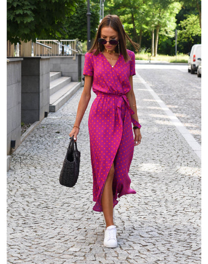 Damen Wickelmaxikleid V-Ausschnitt Kurzarm Bindegürtel Sommer