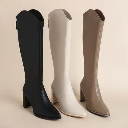 Damen Stiefel Knee High mit Reißverschluss Blockabsatz