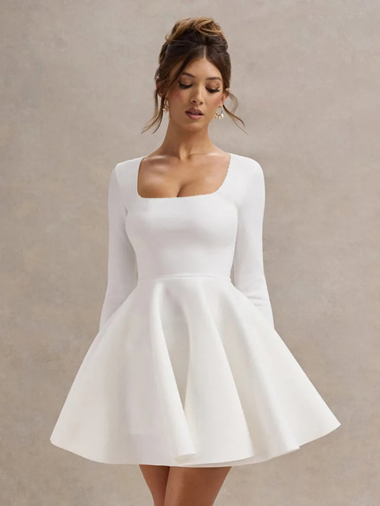 Elegantes Damen Mini-Kleid Weiß Quadrat-Ausschnitt - Norvielle