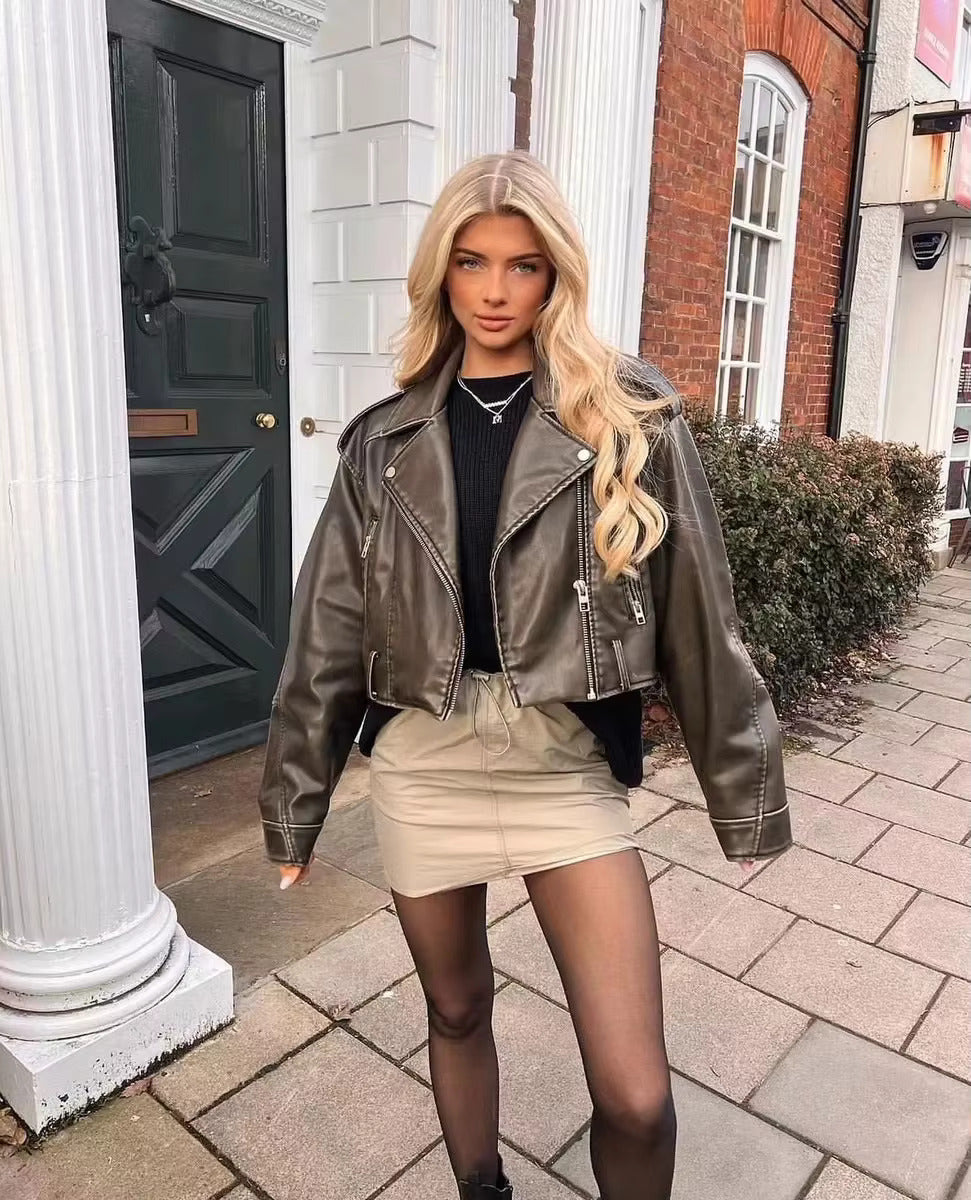 Damen Motorradjacke Leder Reißverschluss