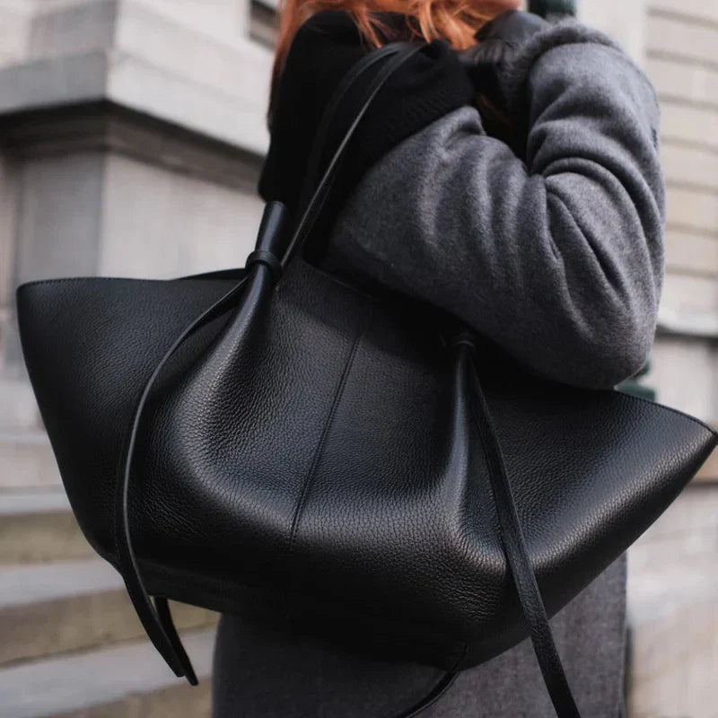 Damen Große Tote Tasche Leder Schleifendetail Lange Henkel