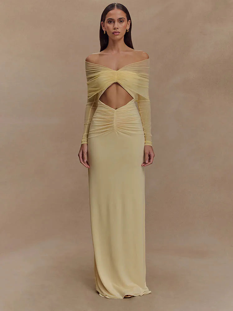 Damen Maxikleid Schulterfrei Cut-Out Länge Langärmlig - Norvielle