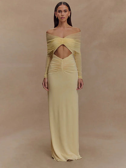 Damen Maxikleid Schulterfrei Cut-Out Länge Langärmlig - Norvielle