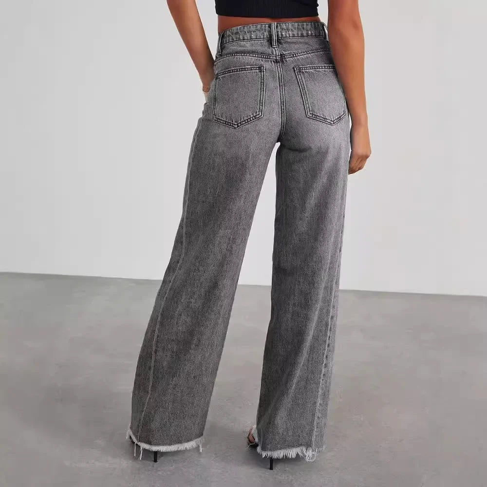 Damen Weitbein Jeans Grau Raw Hem