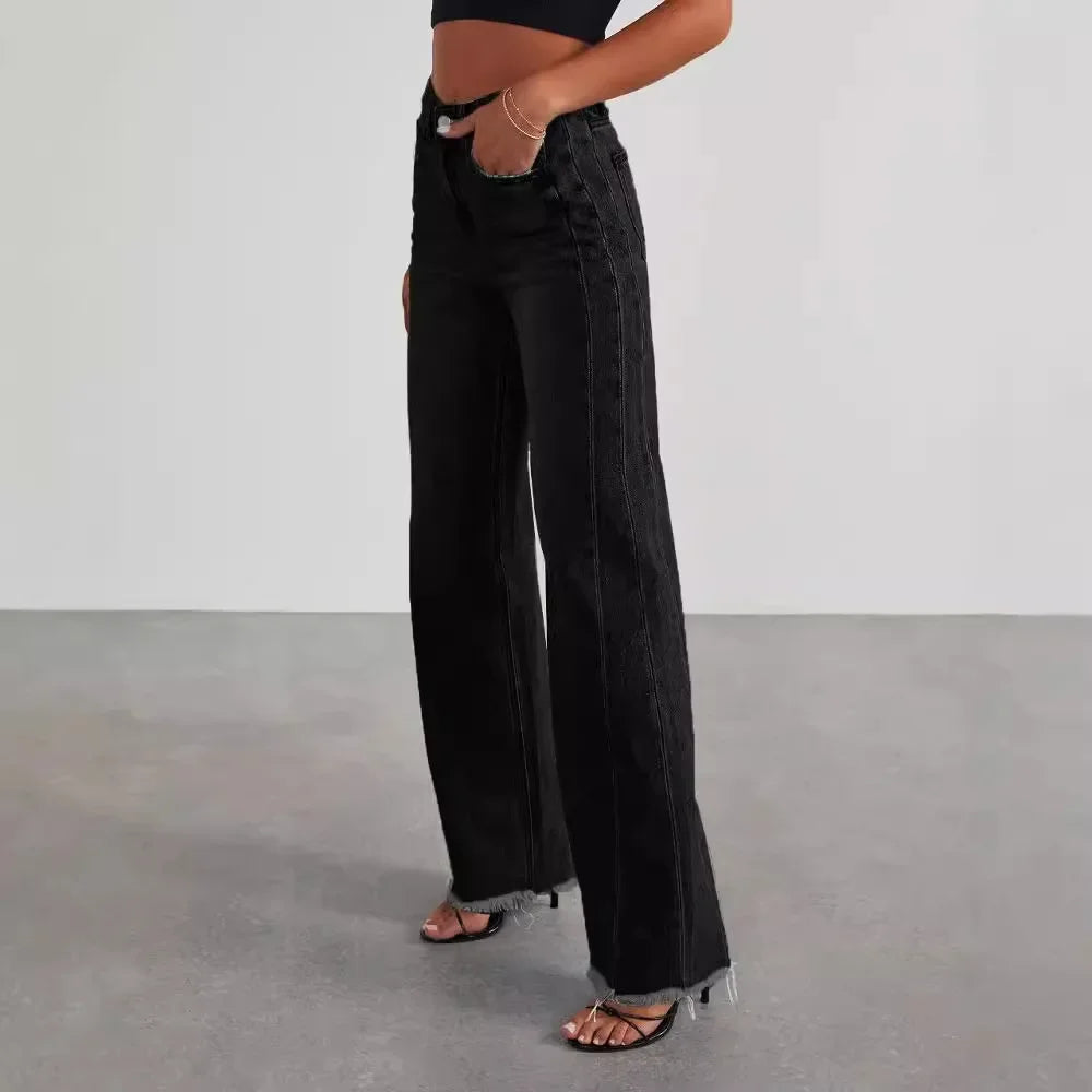 Damen Weitbein Jeans Grau Raw Hem