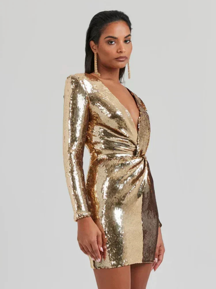 Damen Paillettenkleid Langärmlig Plissee Mini