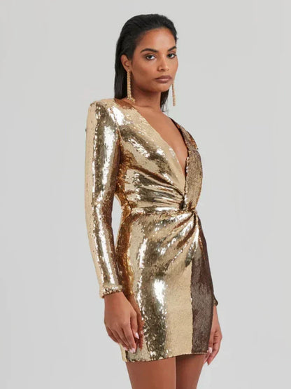 Damen Paillettenkleid Langärmlig Plissee Mini