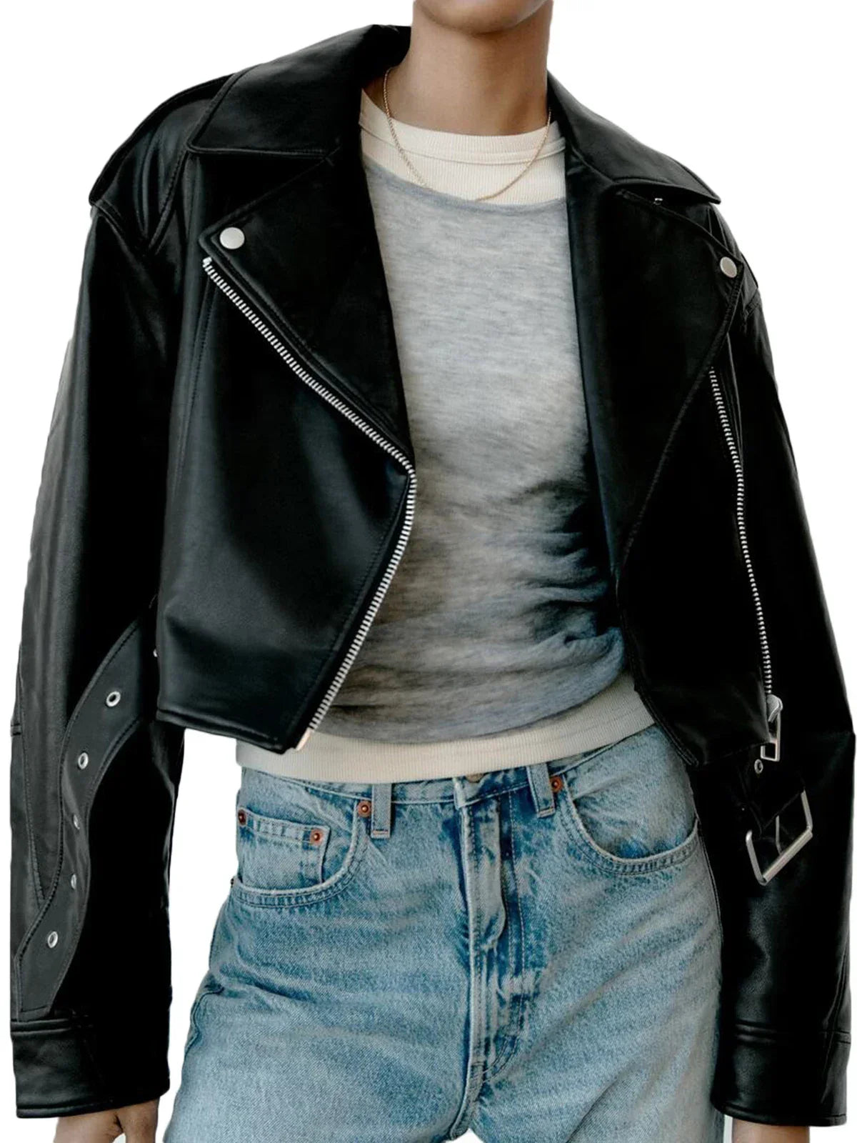 Damen Bikerjacke Cropped Asymmetrischer Reißverschluss Leder