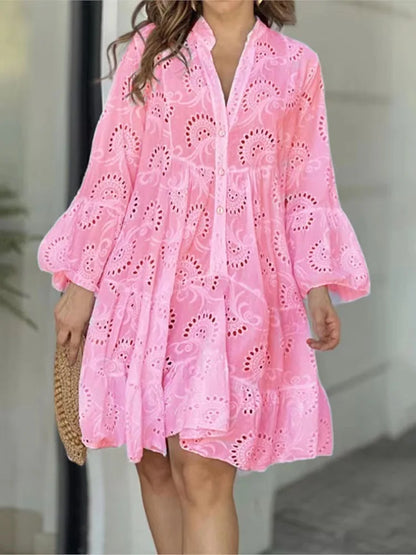 Damen Spitzenkleid Boho-Stil Knopfleiste Weite Ärmel
