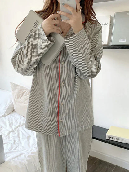 Damen Pyjama Set Zweiteiler mit Gestreiftem Knopfhemd und Hose