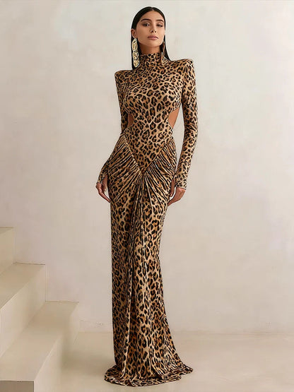 Leondra Leopard Maxikleid Damen – Cut-Out Taille, lange Ärmel, Bodycon Maxi-Abendkleid (Frontansicht)