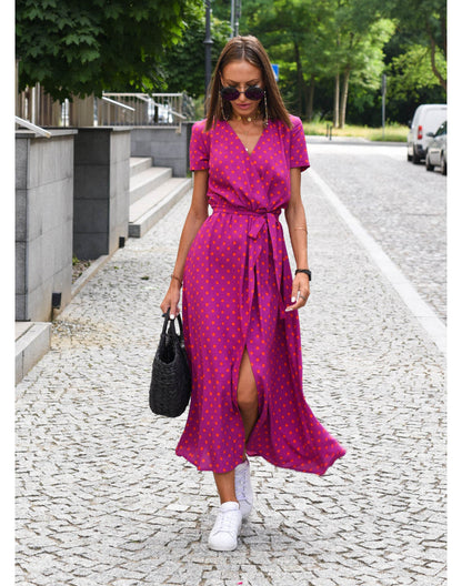 Damen Wickelkleid V-Ausschnitt Kurzarm Midi