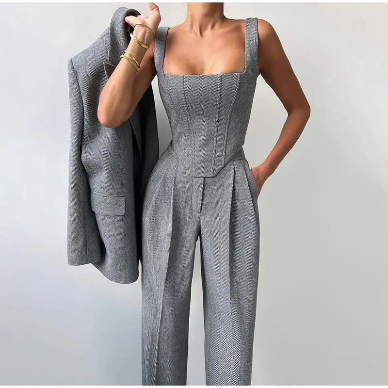 Damen Business Set Blazer Hose Corset Dreiteilig