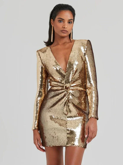 Hanna Damen Mini Kleid Pailletten Lange Ärmel Plissee - Norvielle