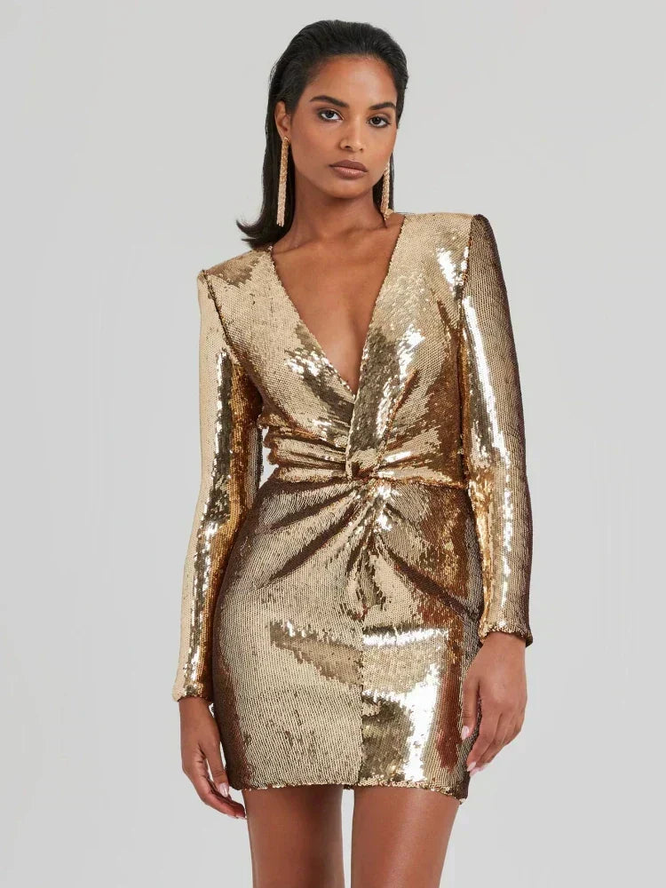 Hanna Damen Mini Kleid Pailletten Plissee Langärmlig - Norvielle