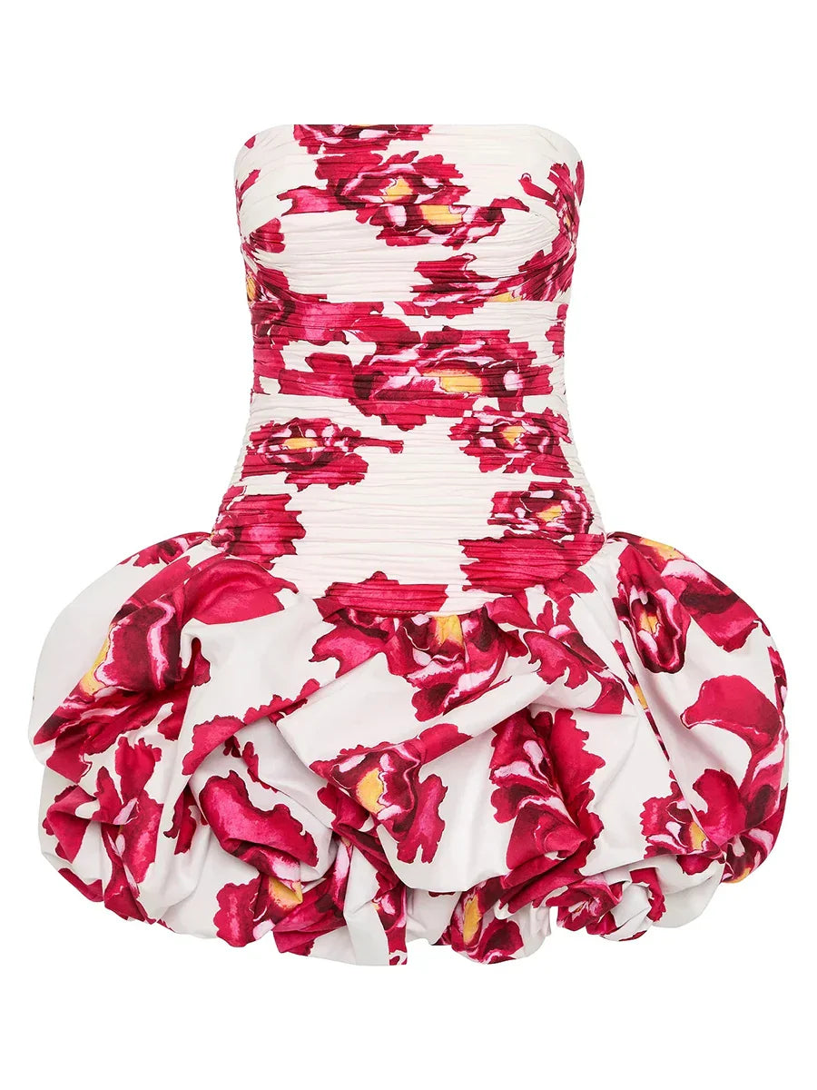 Damen Schulterfreies Minikleid Ballonrock Floralmuster