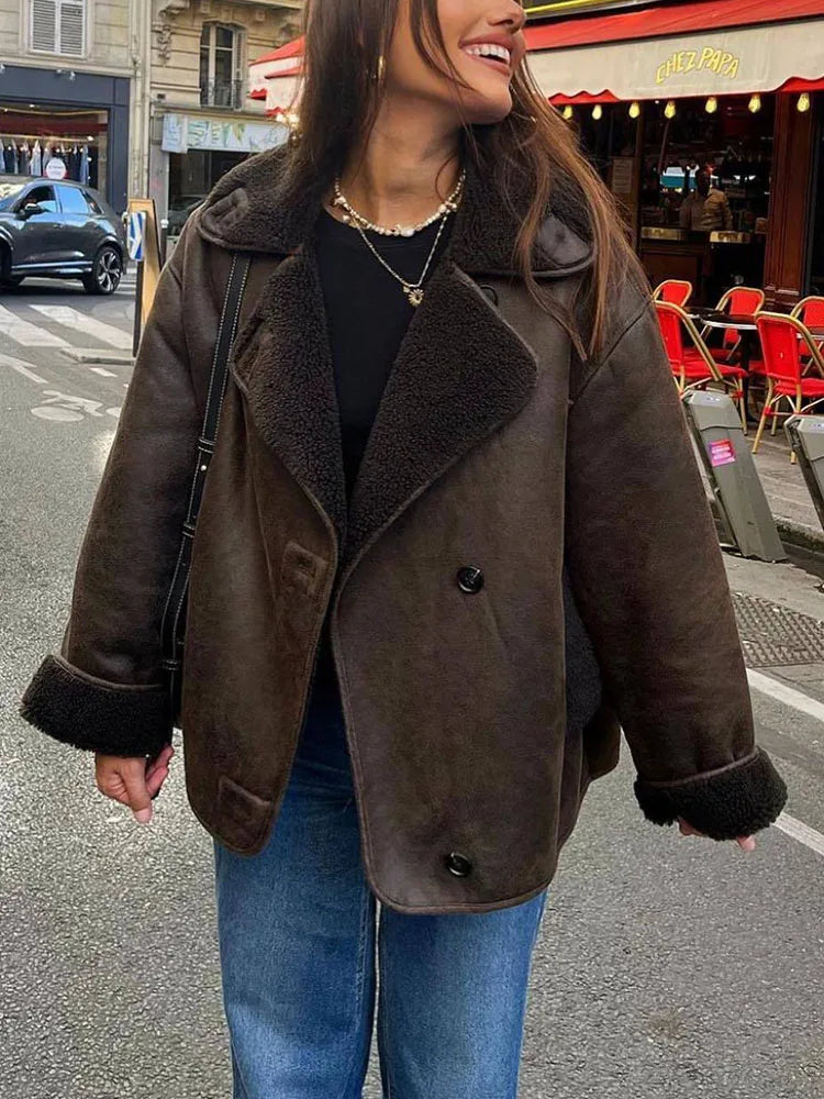 Damen Oversized Jacke Fleecefutter Großer Reverskragen