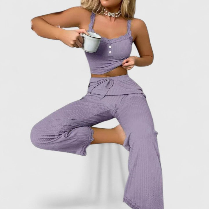 Damen Pyjama-Set Gerippt Spitzenbesatz