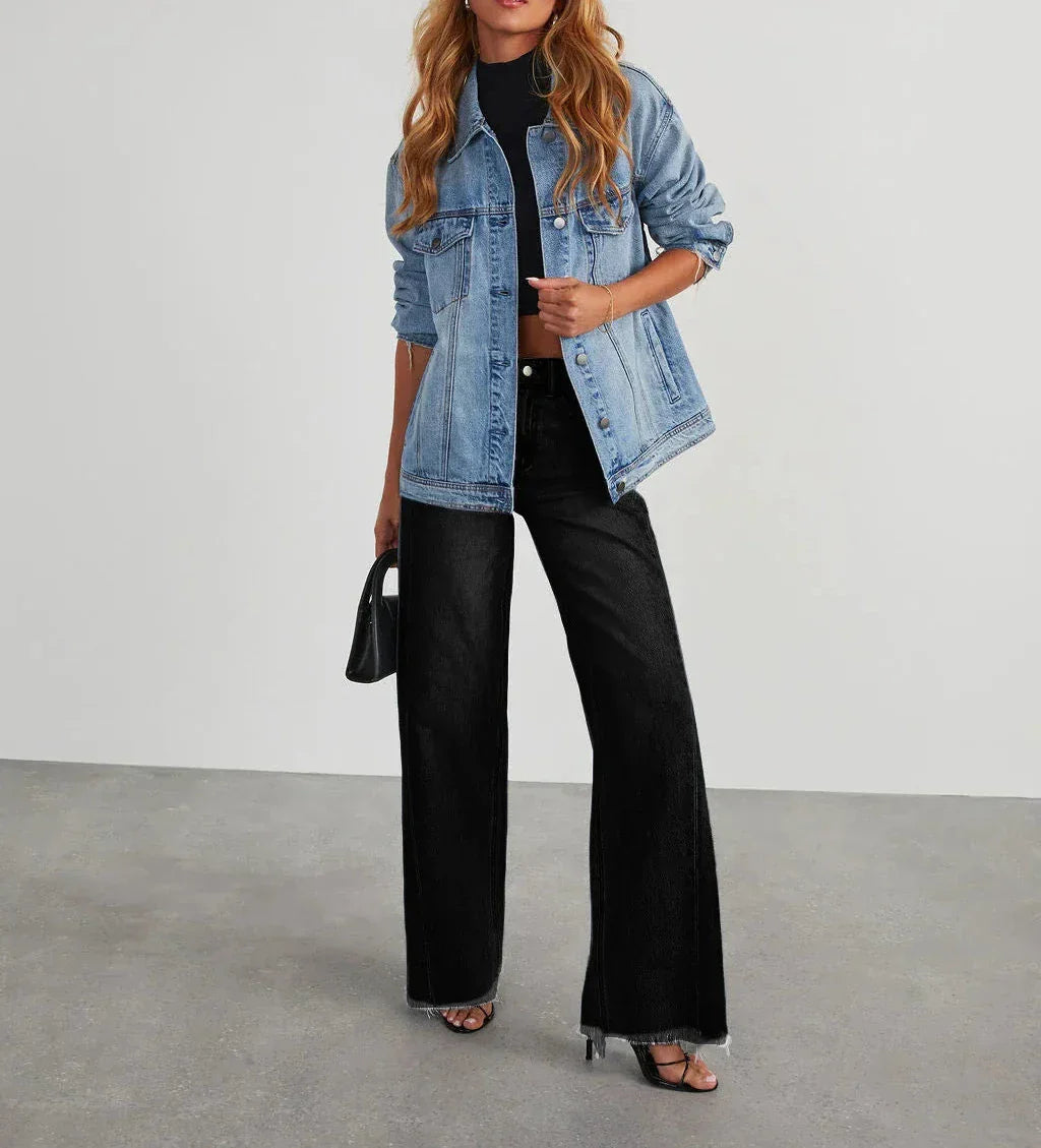 Damen Weitbein Jeans Grau Raw Hem