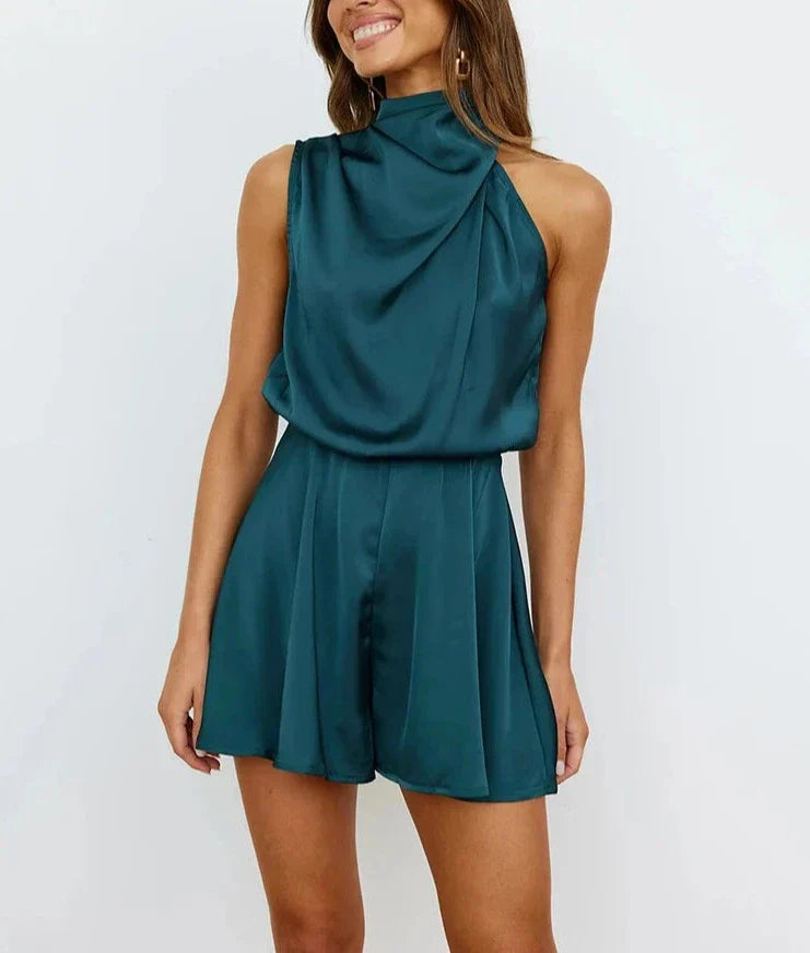 Damen Satin-Overall Neckholder Kurzbein