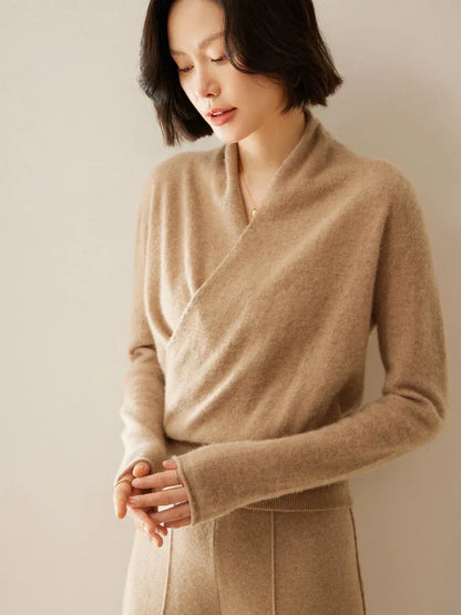 Damen Wickelpullover Elegantes Überkreuz-Design