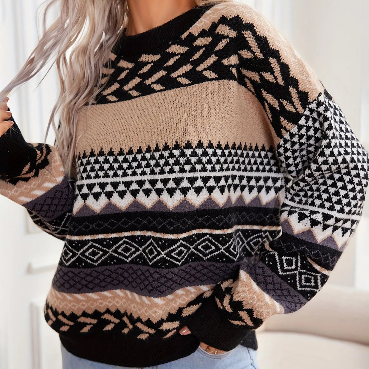 Retro Strickpullover Kontrastfarben - Norvielle