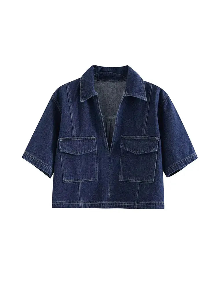 Damen Denim Set Kurzarm Jeansjacke Asymmetrischer Minirock