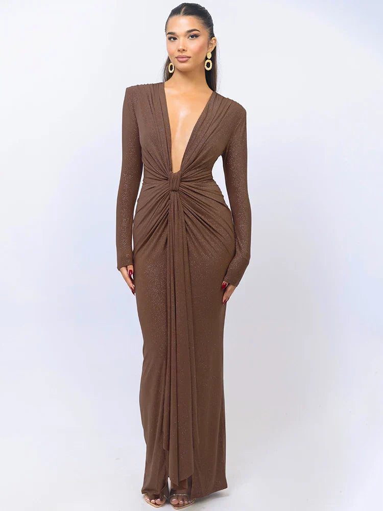 Norvielle Damen Maxikleid Glitter V-Ausschnitt