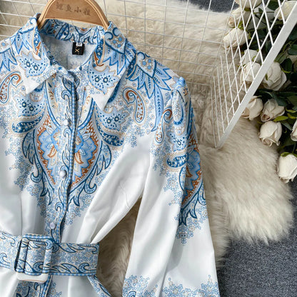 Damen A-Linienkleid mit Gürtel Blumenmuster