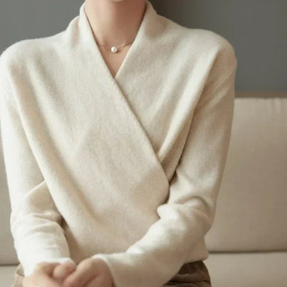 Damen Wickelpullover V-Ausschnitt Wollig Beige
