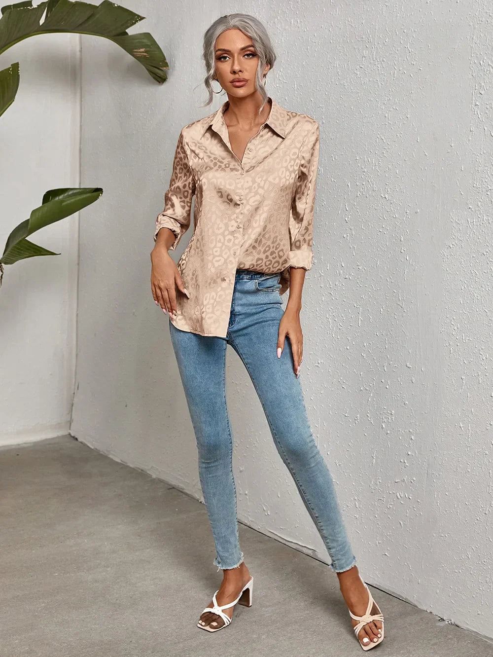 Damen Bluse Glanz-Effekt Langarm Knopfleiste