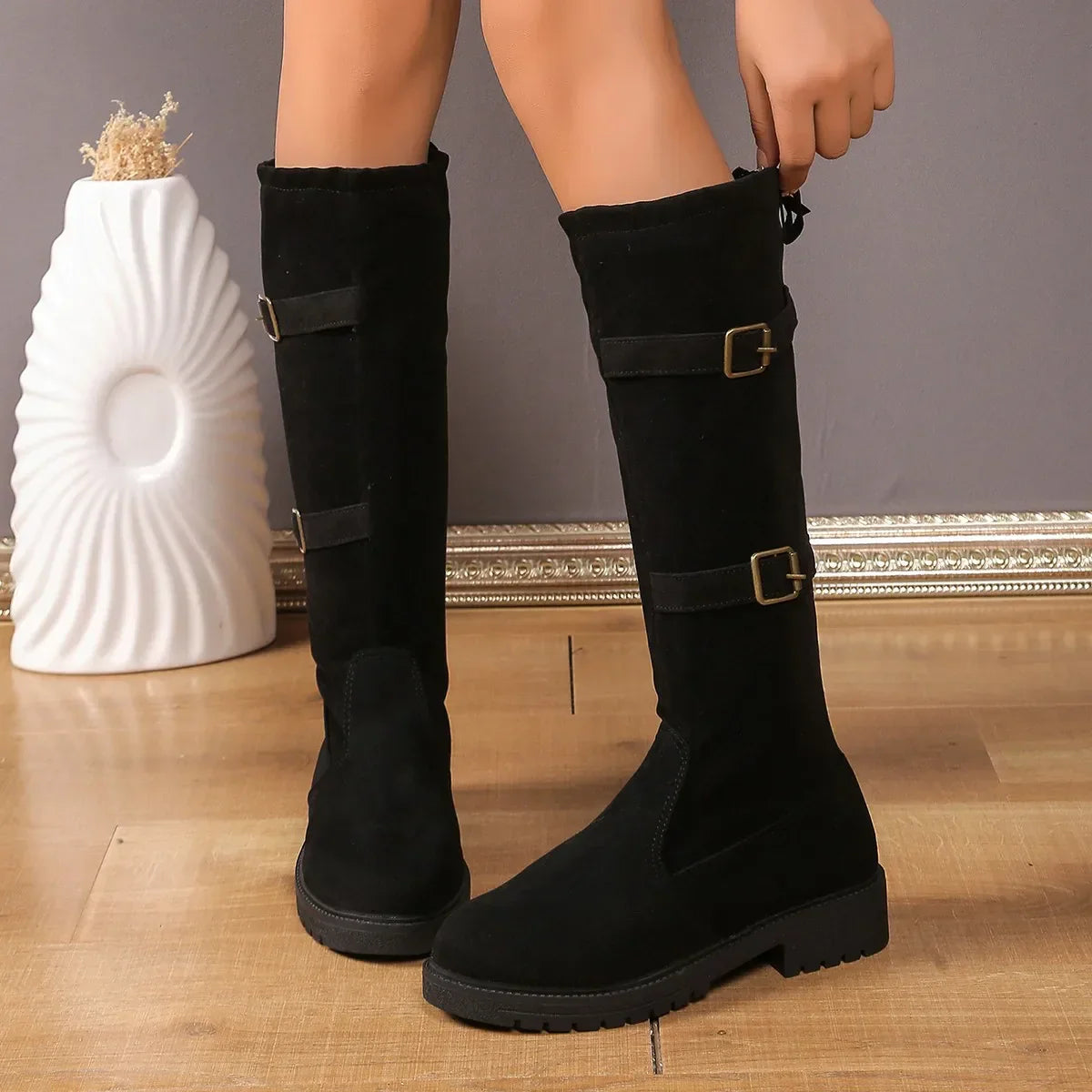 Damen Knee High Stiefel Niedriger Absatz Klassisch