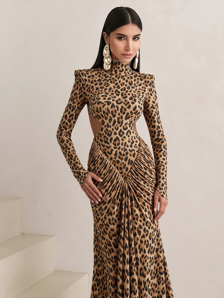Leondra Damen Maxikleid Leopard Rückenfrei Abendkleid