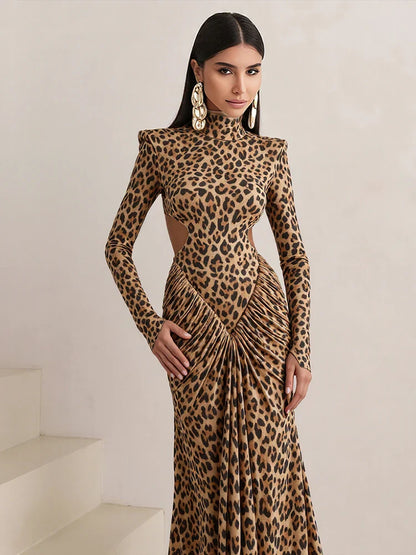 Leondra Damen Maxikleid Leopard Rückenfrei Abendkleid