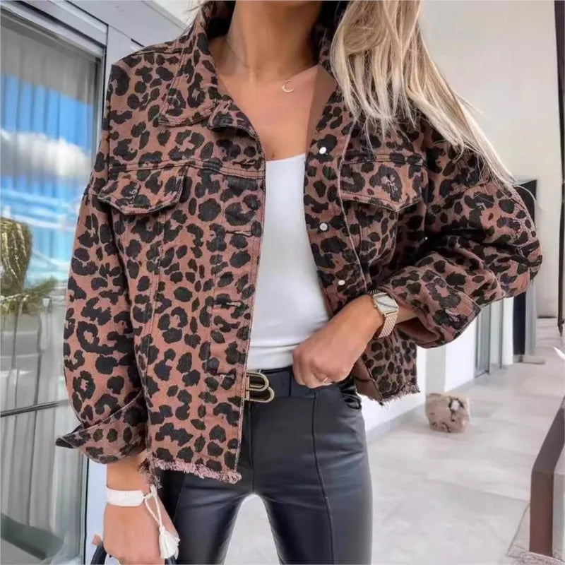 Damen Jeansjacke Leopardenmuster Stylisch Schwarz - Norvielle