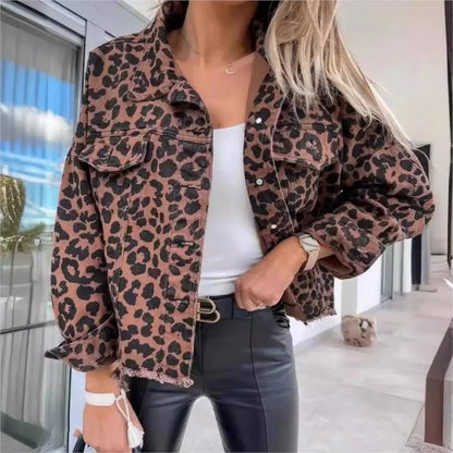 Damen Jeansjacke Leopardenmuster Stylisch Schwarz - Norvielle