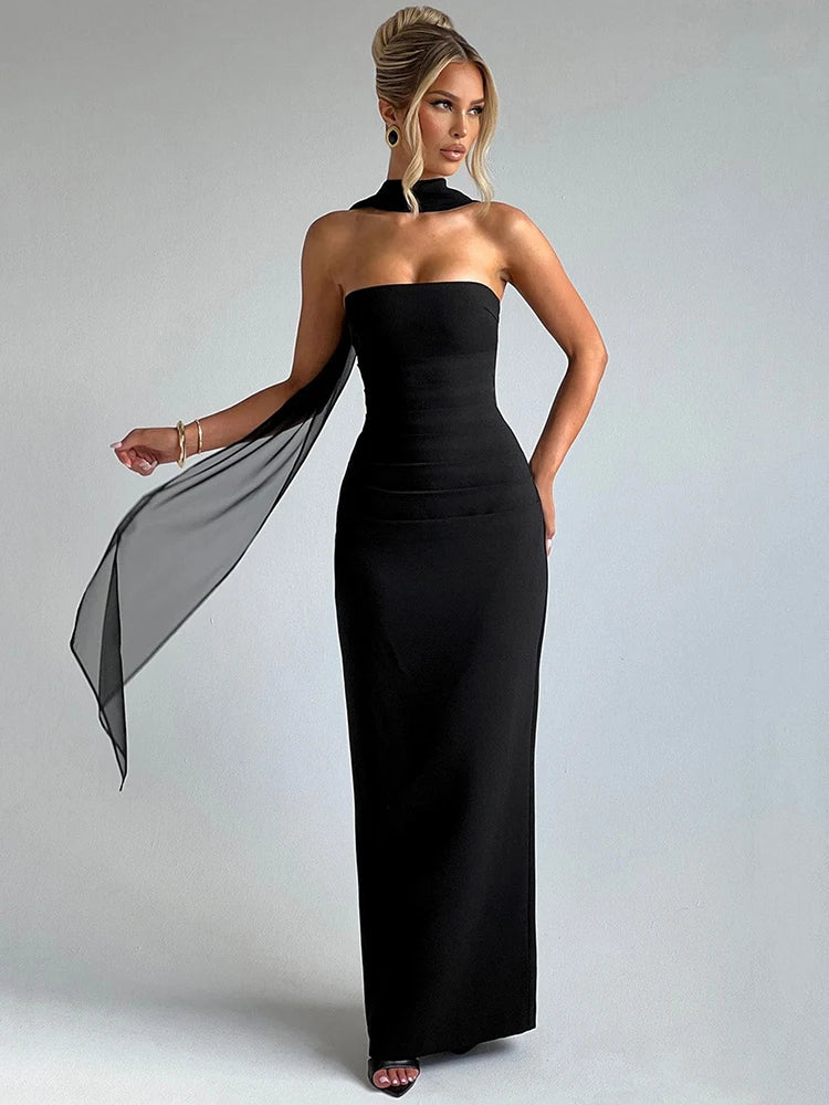 Abendballkleid Damen Strapless Bodenlang Säulensilhouette Mit Halstuch