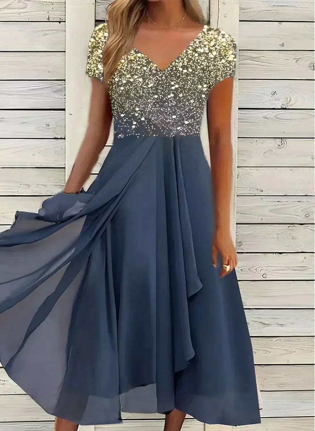 Damen Abendkleid V-Ausschnitt Kurzarm