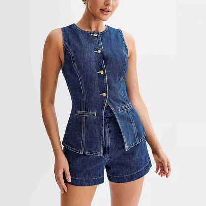 Damen Denim-Zweiteiler-Set mit Weste und Shorts