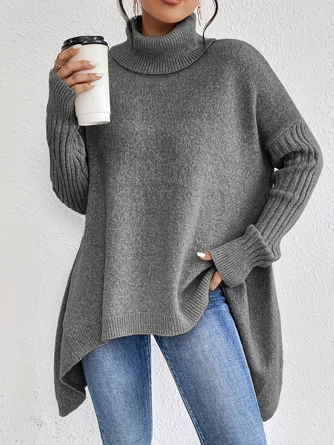 Damen Oversized Winterpullover Hochkragen Gemütlich