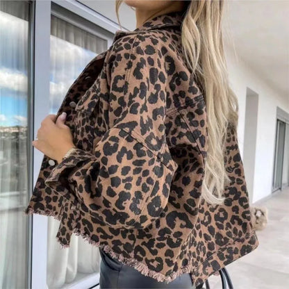 Damen Jeansjacke Leopardenmuster Stylisch