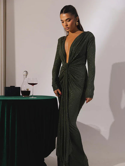 Norvielle Damen Maxikleid Glitter V-Ausschnitt