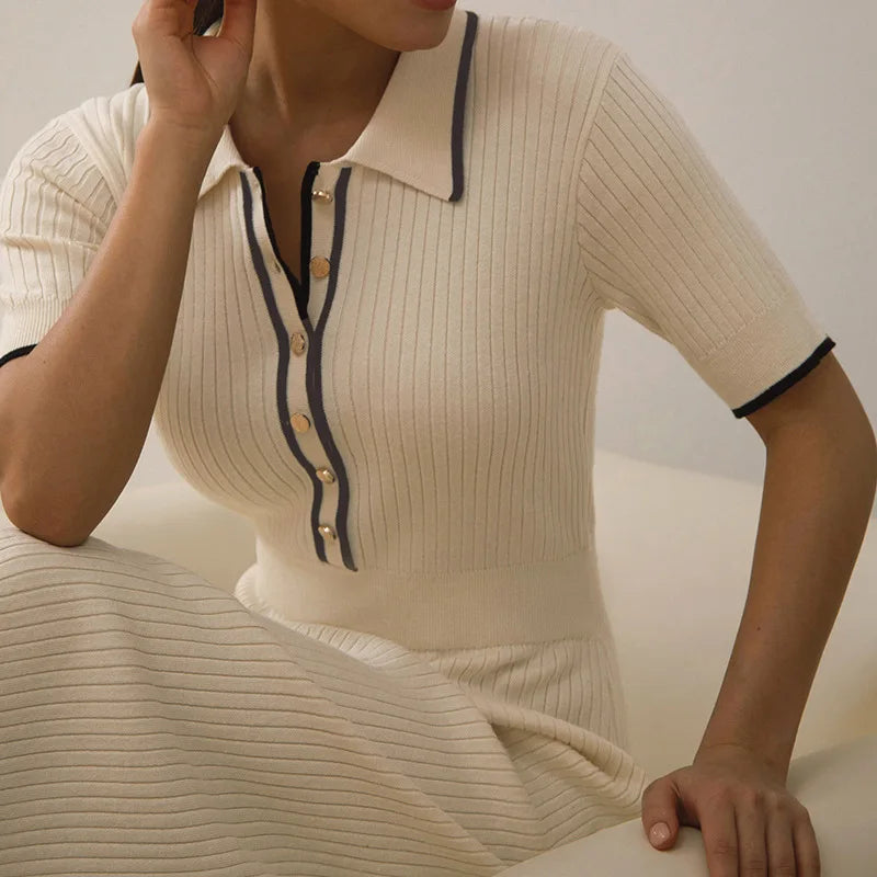 Norvielle Damen Geripptes Kleid Kontrastkragen