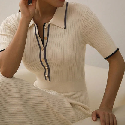 Norvielle Damen Geripptes Kleid Kontrastkragen