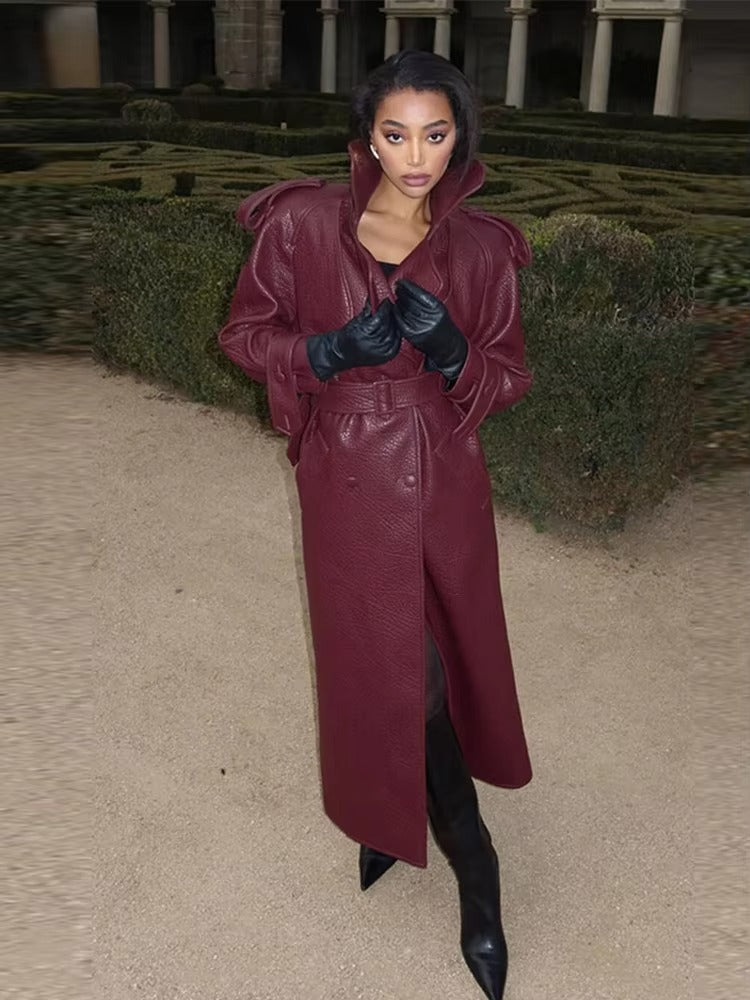 Damen Leder-Trenchcoat Lang