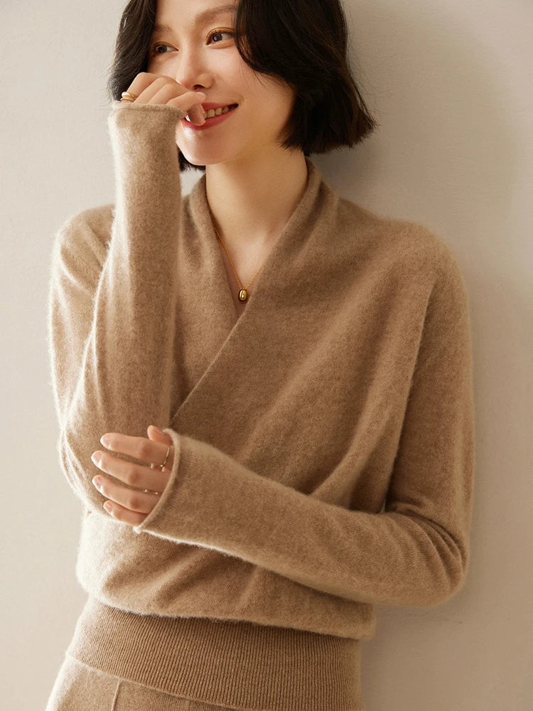 Damen Wickelpullover Elegantes Überkreuz-Design