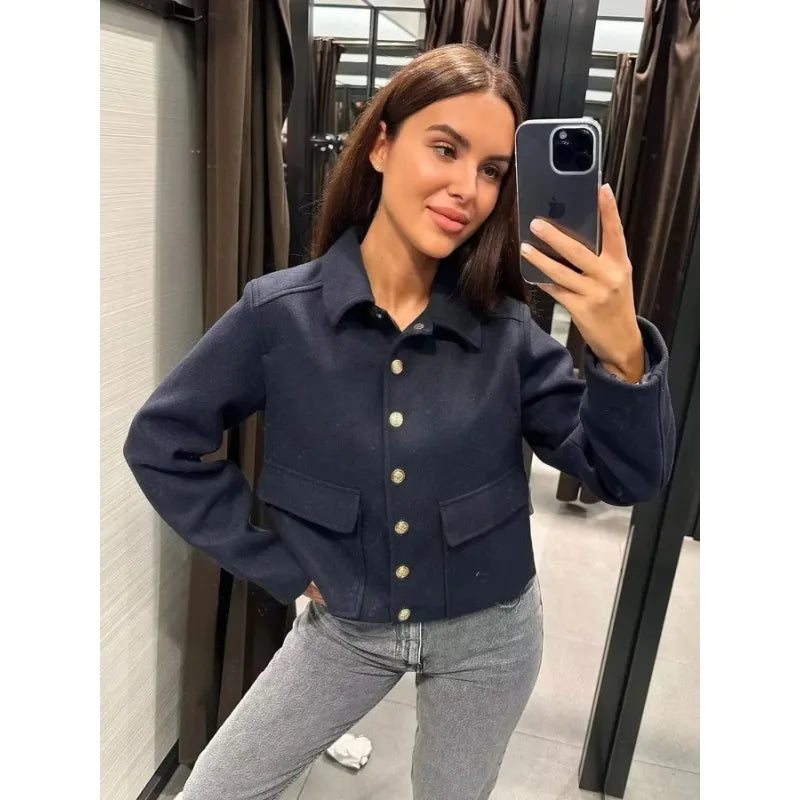Damen Smart-Casual Jacke Kurz Knopfleiste Schwarz - Norvielle